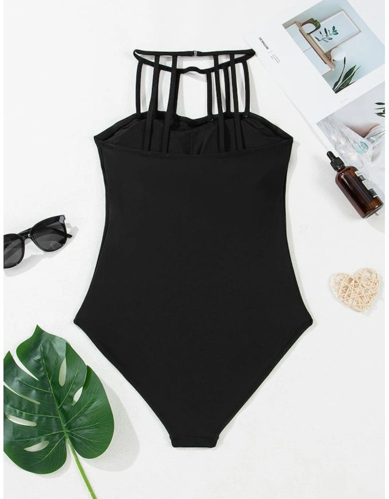 Black Sleeveless Strappy Halter Neck Sexy One Piece Swimsuit