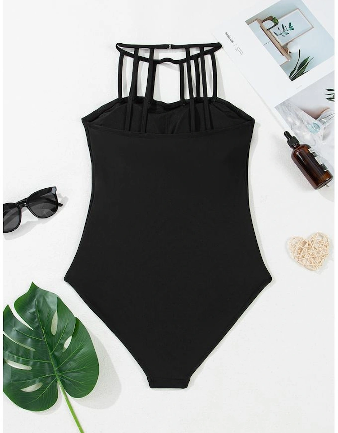 Black Sleeveless Strappy Halter Neck Sexy One Piece Swimsuit
