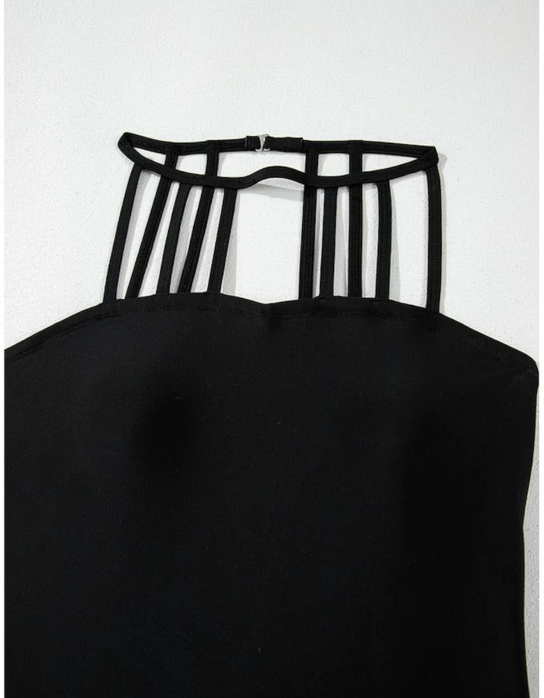 Black Sleeveless Strappy Halter Neck Sexy One Piece Swimsuit