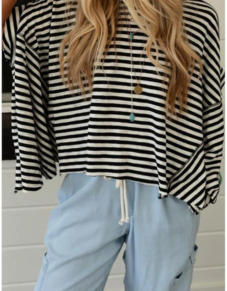 Black Stripe Batwing Sleeve Crewneck Oversized Top