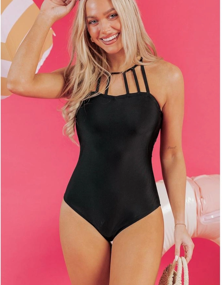Black Sleeveless Strappy Halter Neck Sexy One Piece Swimsuit