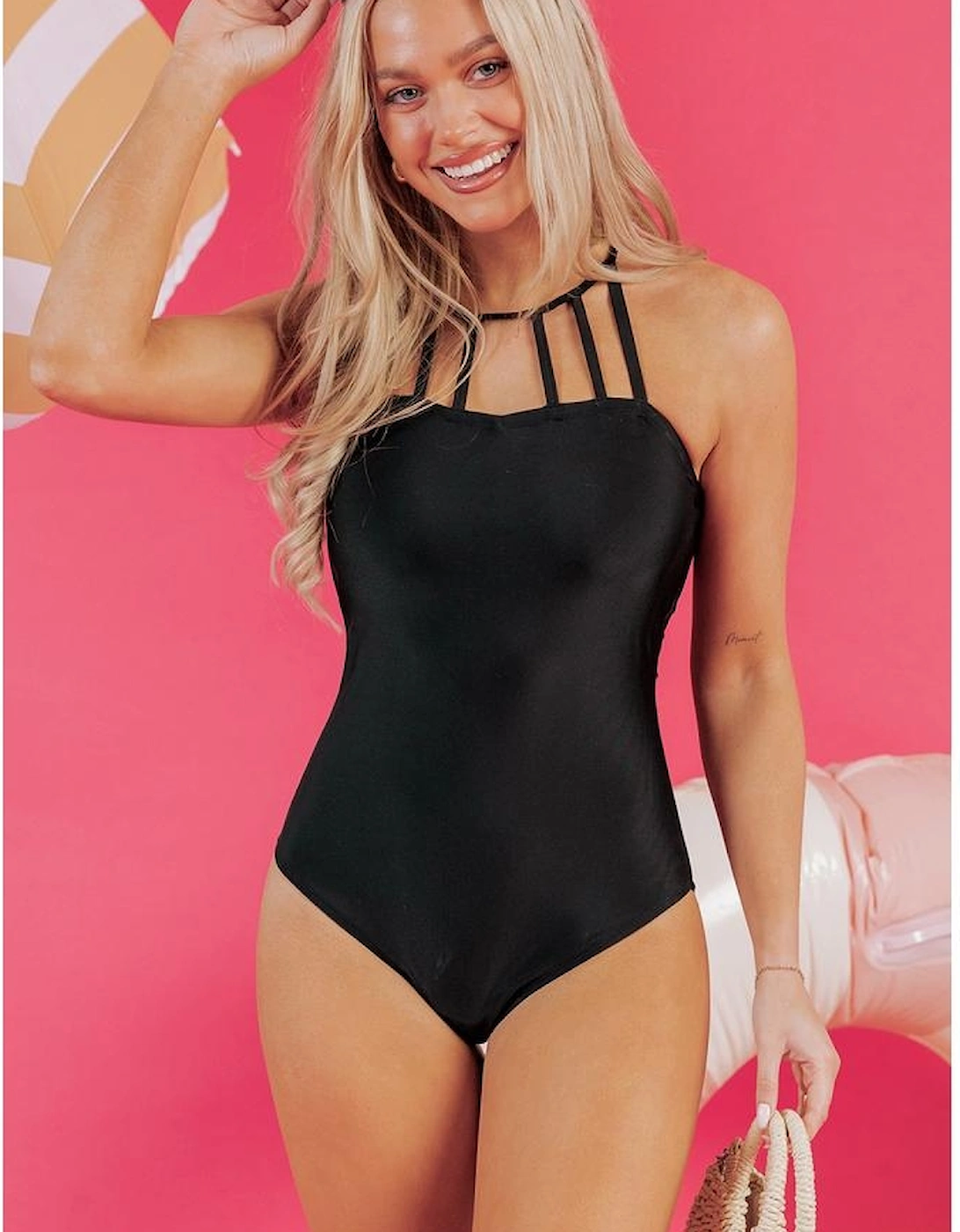 Black Sleeveless Strappy Halter Neck Sexy One Piece Swimsuit