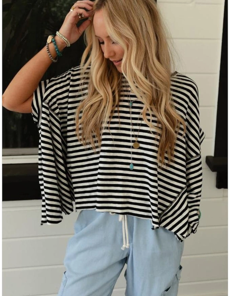 Black Stripe Batwing Sleeve Crewneck Oversized Top