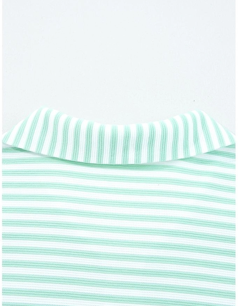 Green Stripe Quarter Zip Collar Pullover Long Sleeve Top