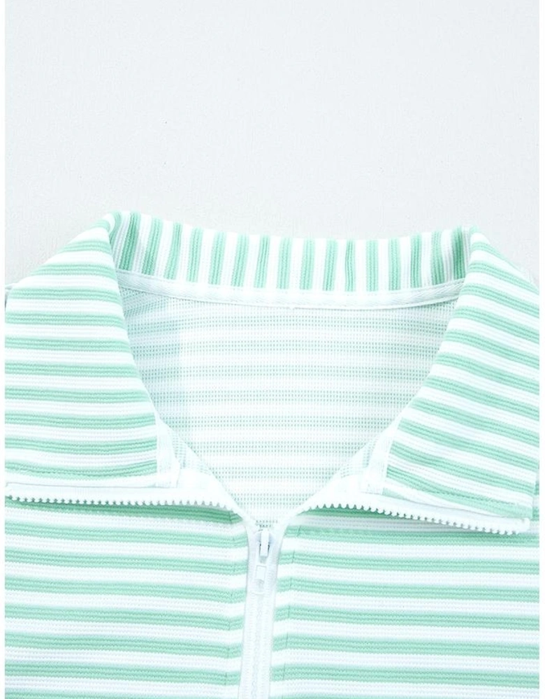 Green Stripe Quarter Zip Collar Pullover Long Sleeve Top