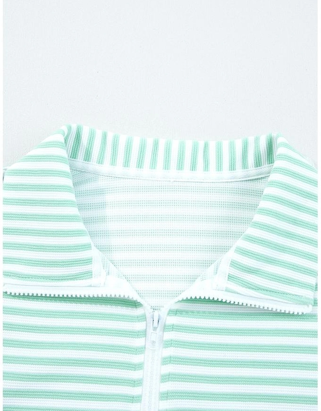 Green Stripe Quarter Zip Collar Pullover Long Sleeve Top