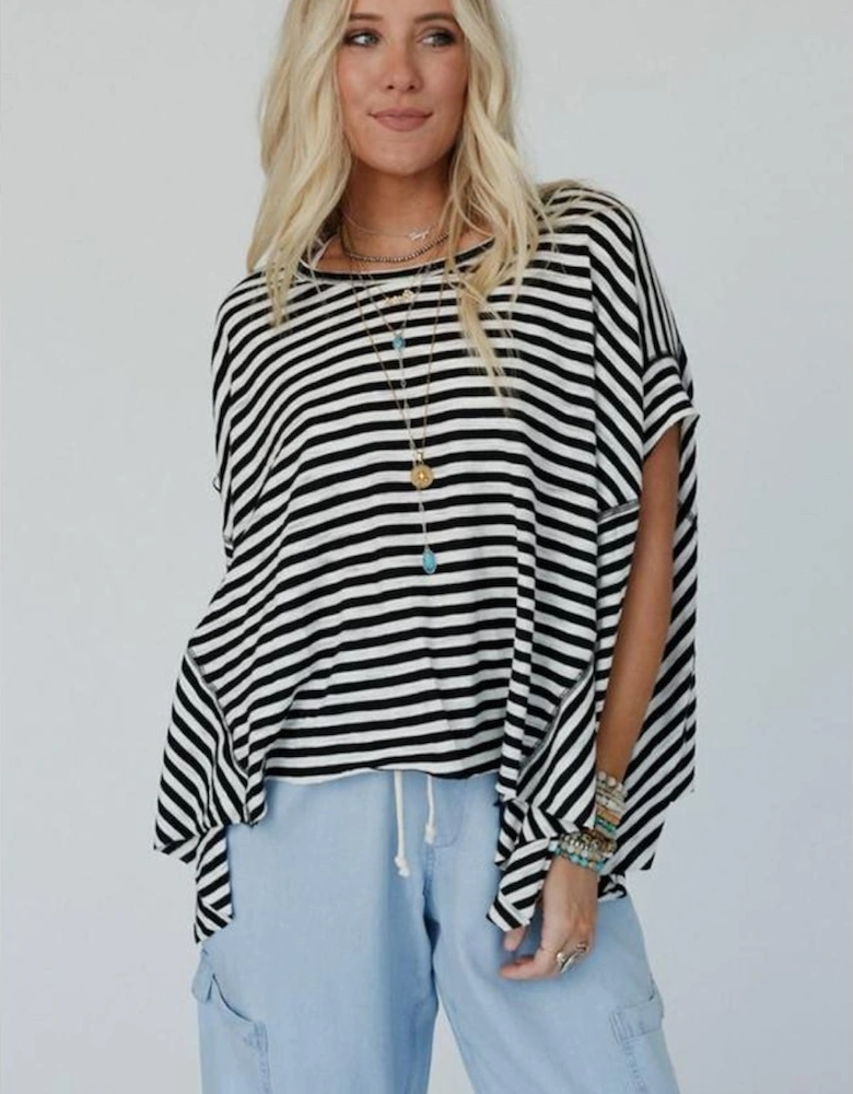 Black Stripe Batwing Sleeve Crewneck Oversized Top