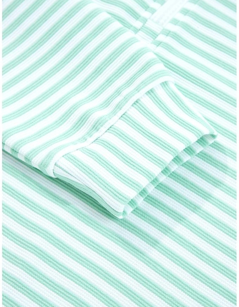 Green Stripe Quarter Zip Collar Pullover Long Sleeve Top