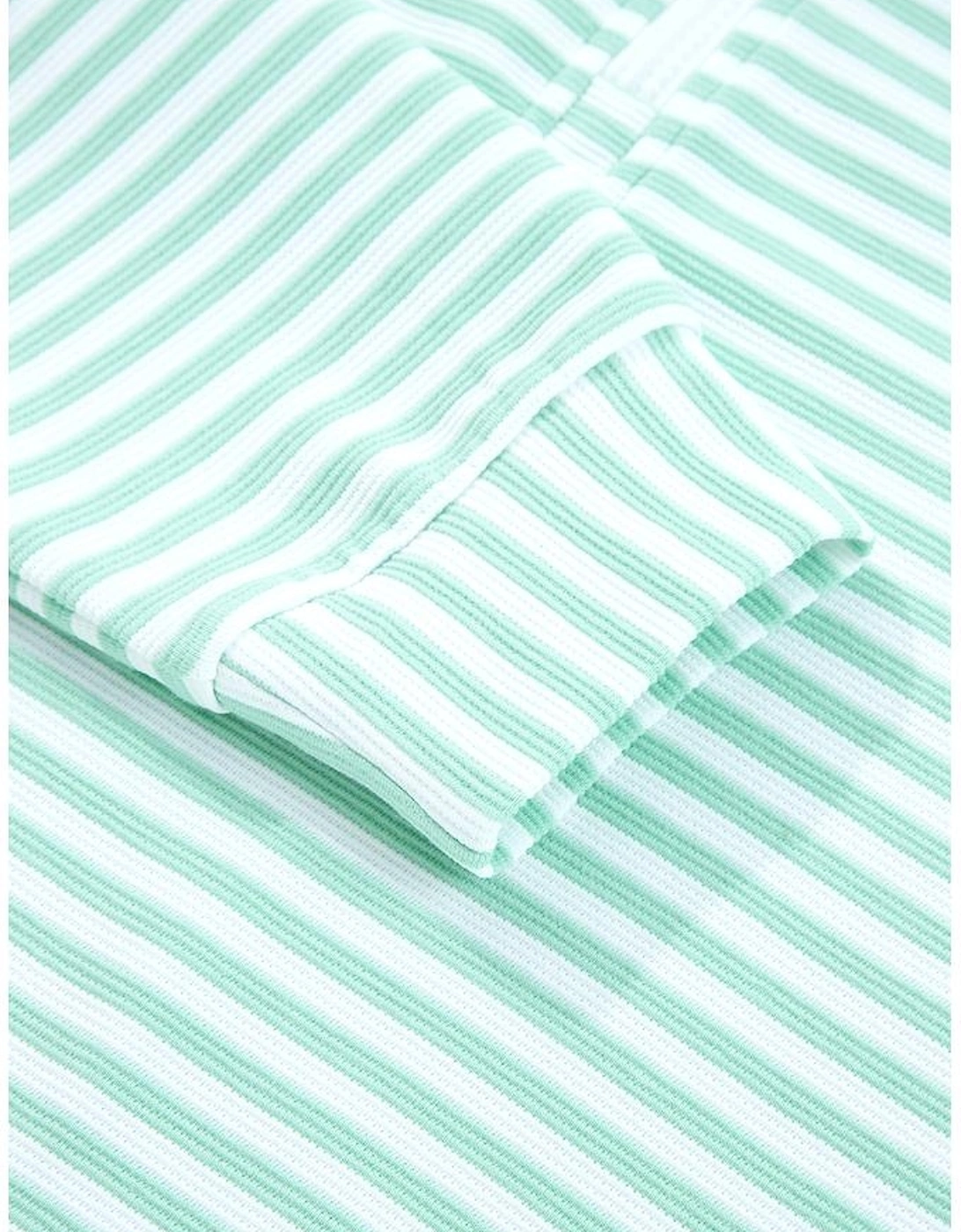 Green Stripe Quarter Zip Collar Pullover Long Sleeve Top