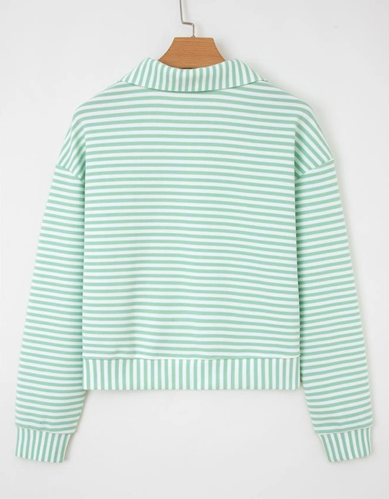 Green Stripe Quarter Zip Collar Pullover Long Sleeve Top