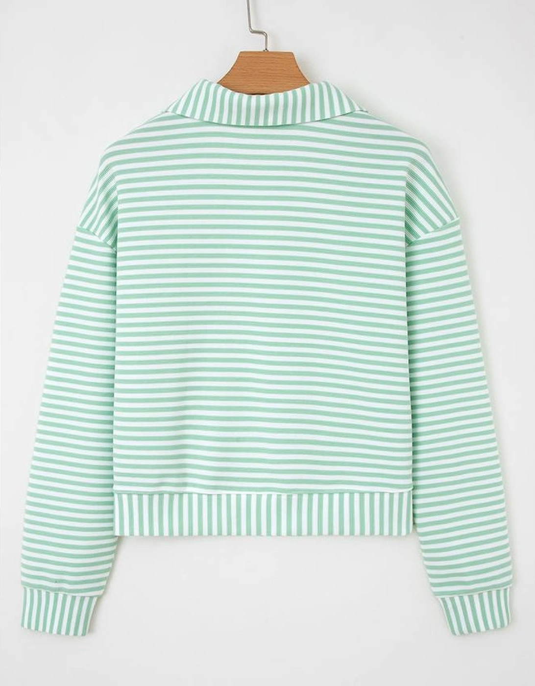 Green Stripe Quarter Zip Collar Pullover Long Sleeve Top