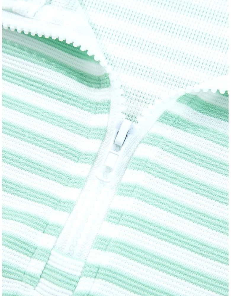 Green Stripe Quarter Zip Collar Pullover Long Sleeve Top