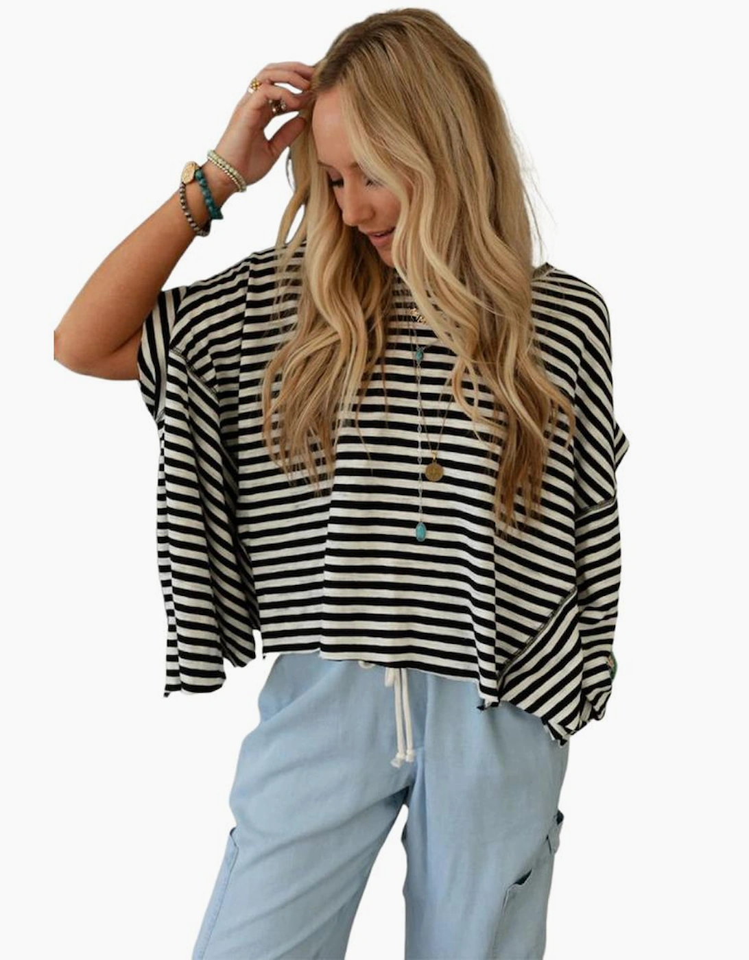 Black Stripe Batwing Sleeve Crewneck Oversized Top