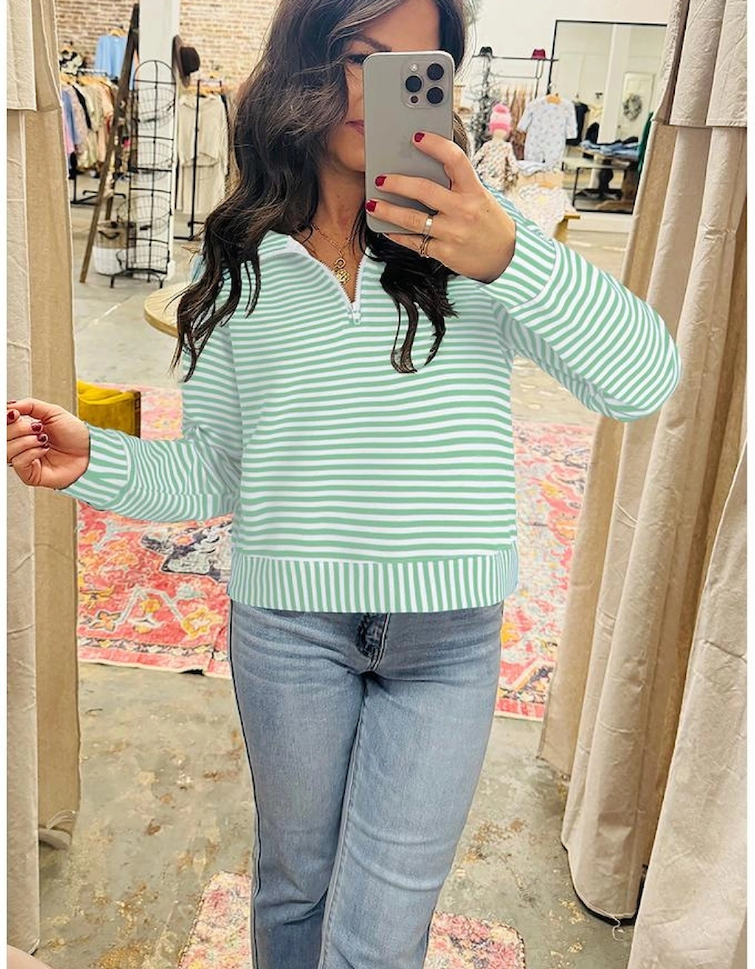 Green Stripe Quarter Zip Collar Pullover Long Sleeve Top
