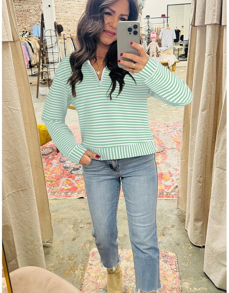 Green Stripe Quarter Zip Collar Pullover Long Sleeve Top