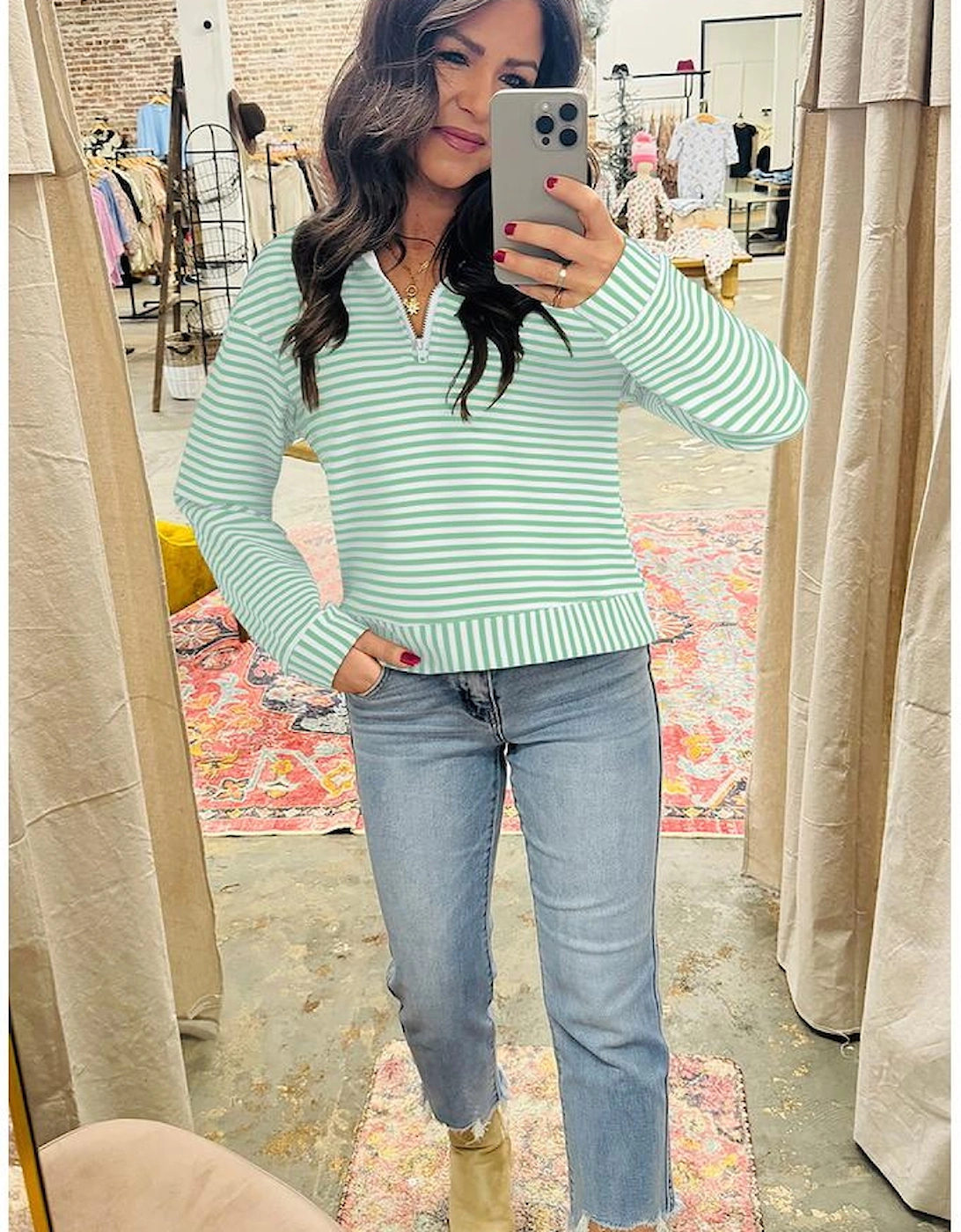 Green Stripe Quarter Zip Collar Pullover Long Sleeve Top, 12 of 11