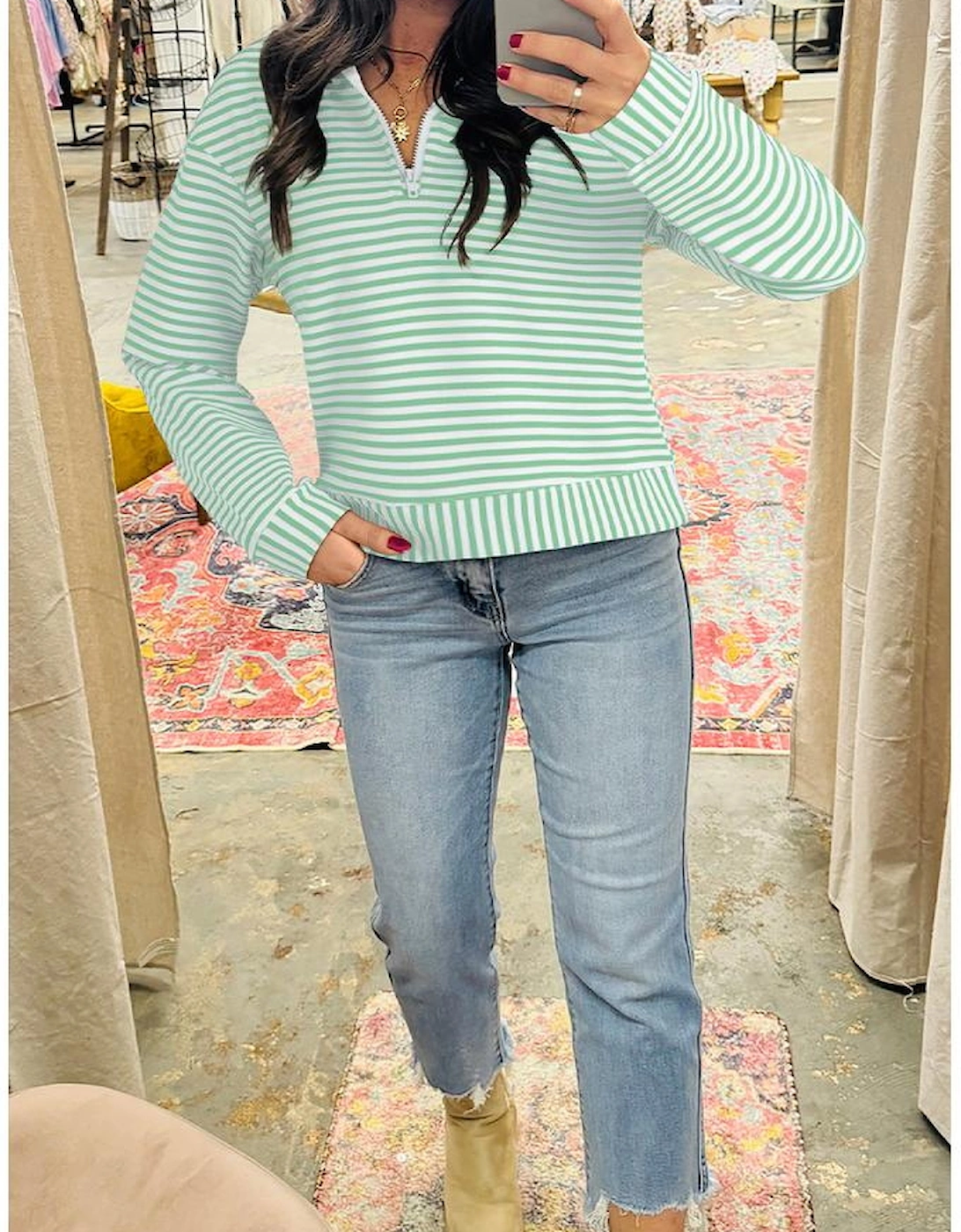 Green Stripe Quarter Zip Collar Pullover Long Sleeve Top