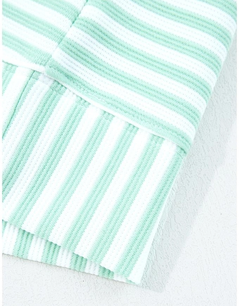 Green Stripe Quarter Zip Collar Pullover Long Sleeve Top