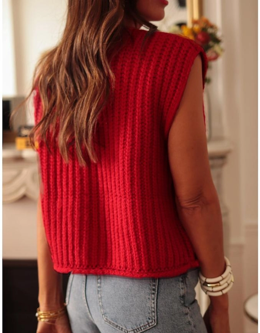 Fiery Red Solid Textured Knit Side Pockets Buttoned Sweater Vest