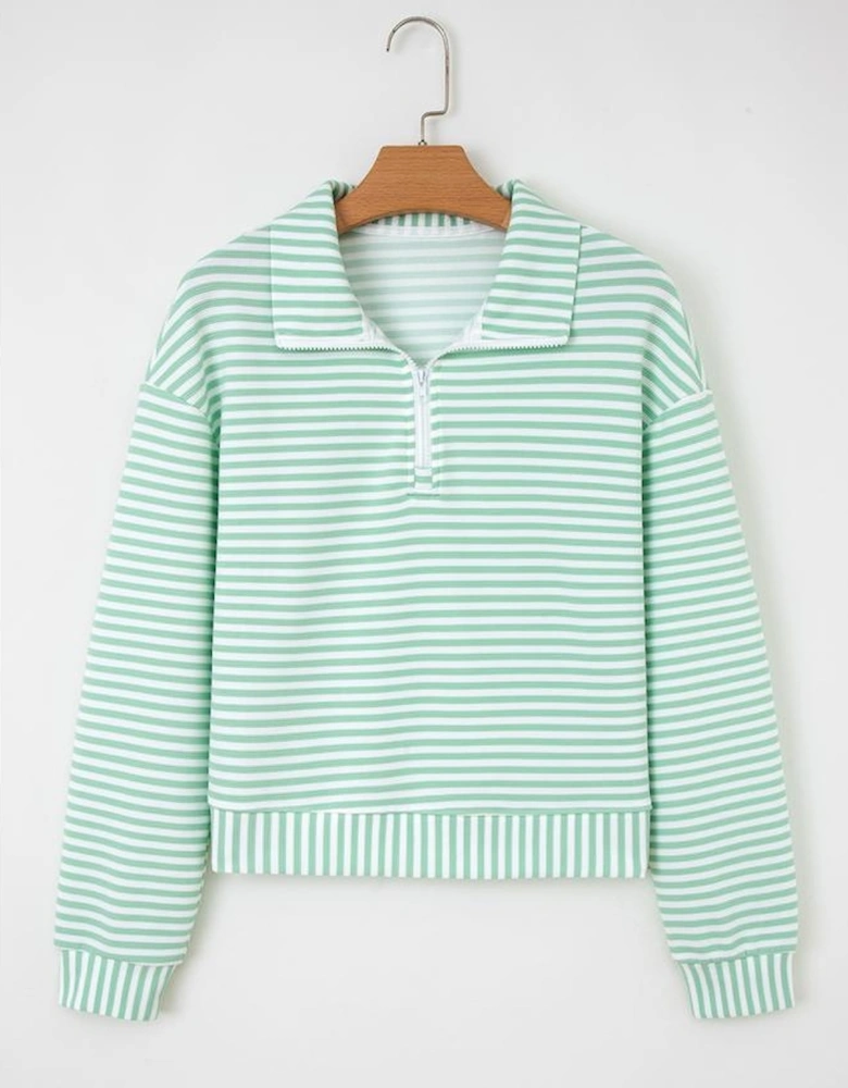 Green Stripe Quarter Zip Collar Pullover Long Sleeve Top