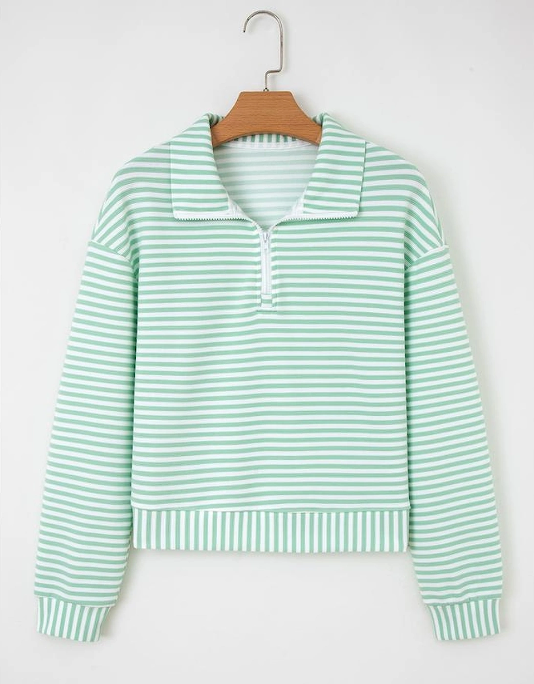 Green Stripe Quarter Zip Collar Pullover Long Sleeve Top