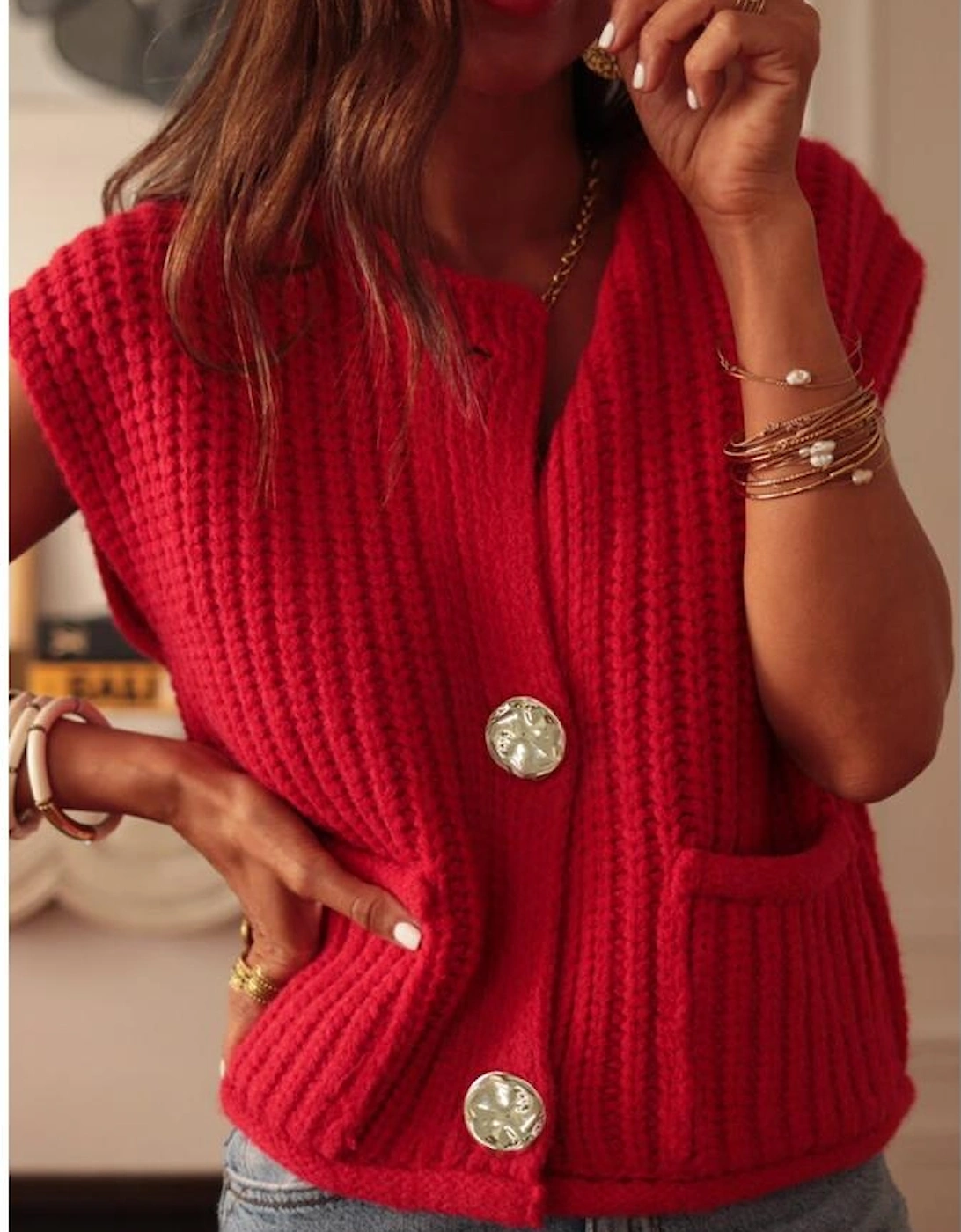 Fiery Red Solid Textured Knit Side Pockets Buttoned Sweater Vest