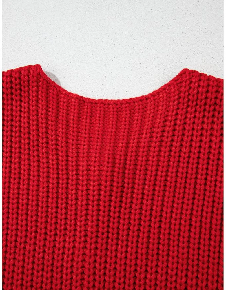 Fiery Red Solid Textured Knit Side Pockets Buttoned Sweater Vest