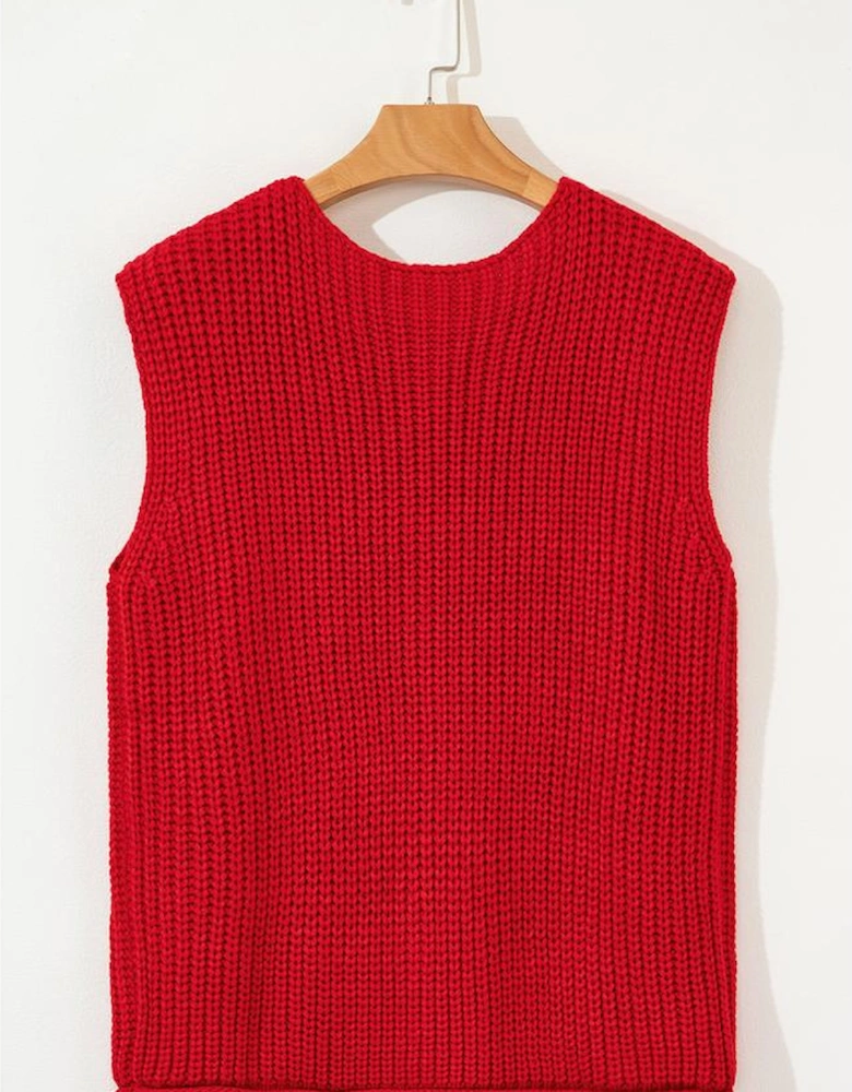 Fiery Red Solid Textured Knit Side Pockets Buttoned Sweater Vest