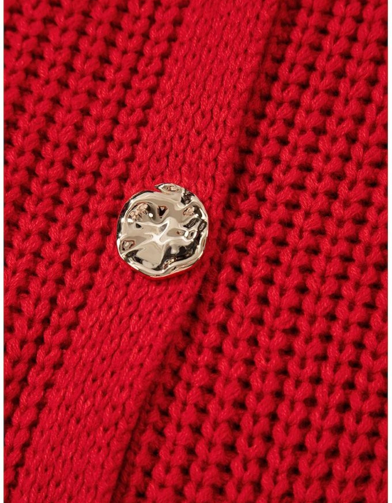 Fiery Red Solid Textured Knit Side Pockets Buttoned Sweater Vest