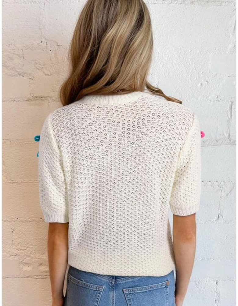 White Colorful Bow Knit Mock Neck Short Sleeve Sweater
