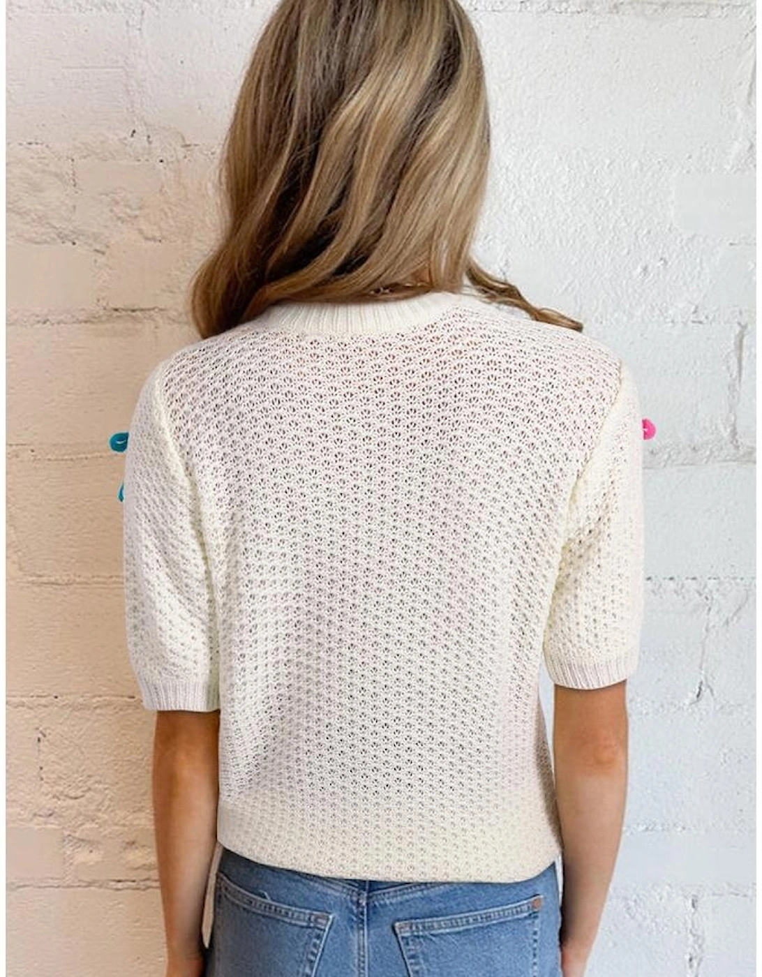 White Colorful Bow Knit Mock Neck Short Sleeve Sweater, 11 of 10