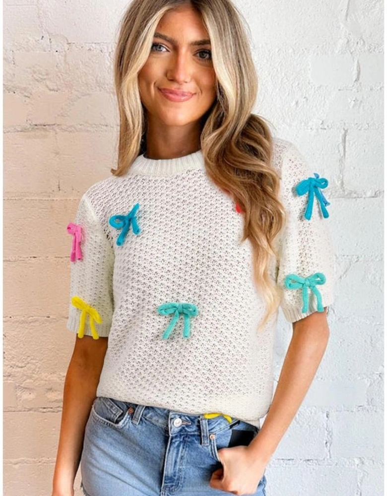 White Colorful Bow Knit Mock Neck Short Sleeve Sweater