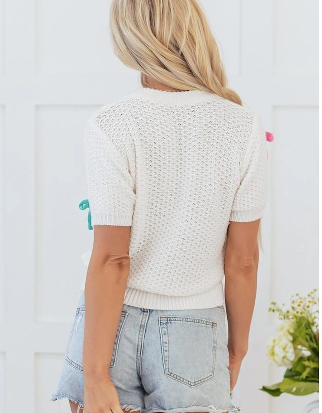 White Colorful Bow Knit Mock Neck Short Sleeve Sweater