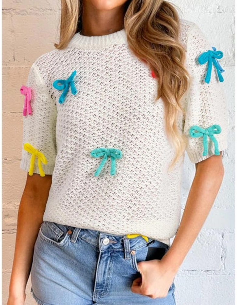 White Colorful Bow Knit Mock Neck Short Sleeve Sweater