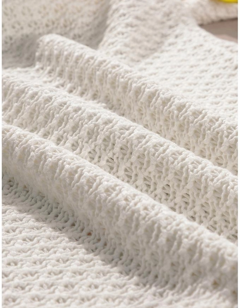 White Colorful Bow Knit Mock Neck Short Sleeve Sweater