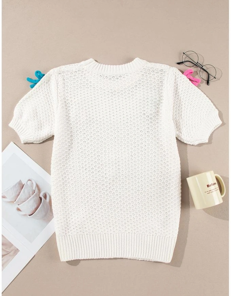 White Colorful Bow Knit Mock Neck Short Sleeve Sweater