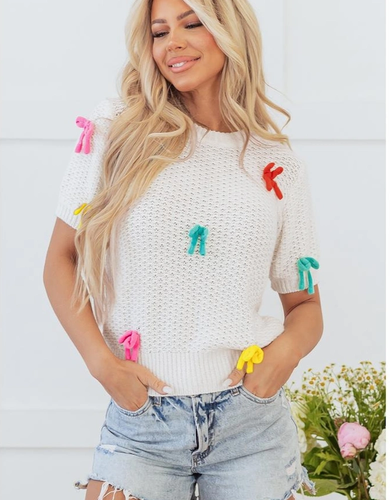 White Colorful Bow Knit Mock Neck Short Sleeve Sweater