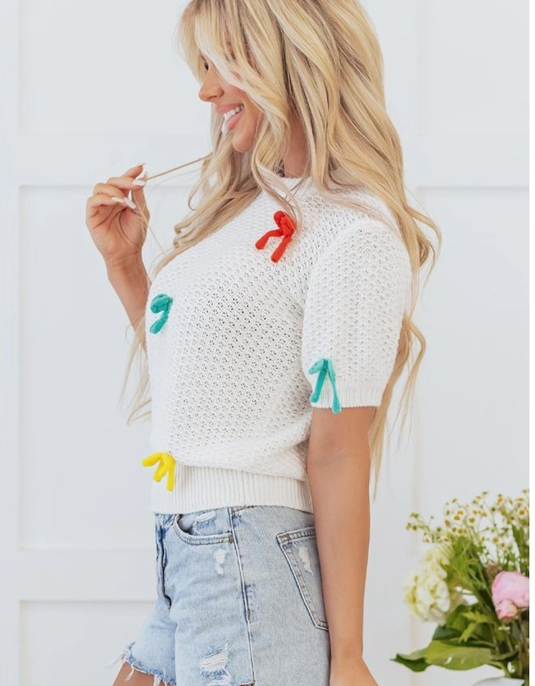 White Colorful Bow Knit Mock Neck Short Sleeve Sweater