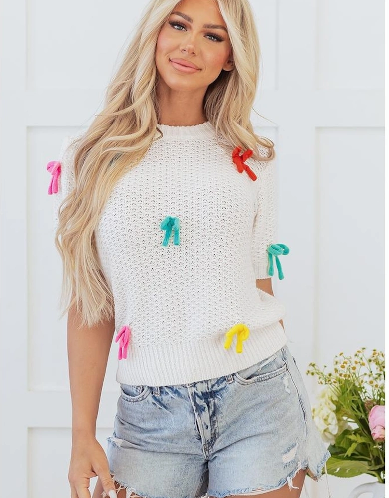 White Colorful Bow Knit Mock Neck Short Sleeve Sweater