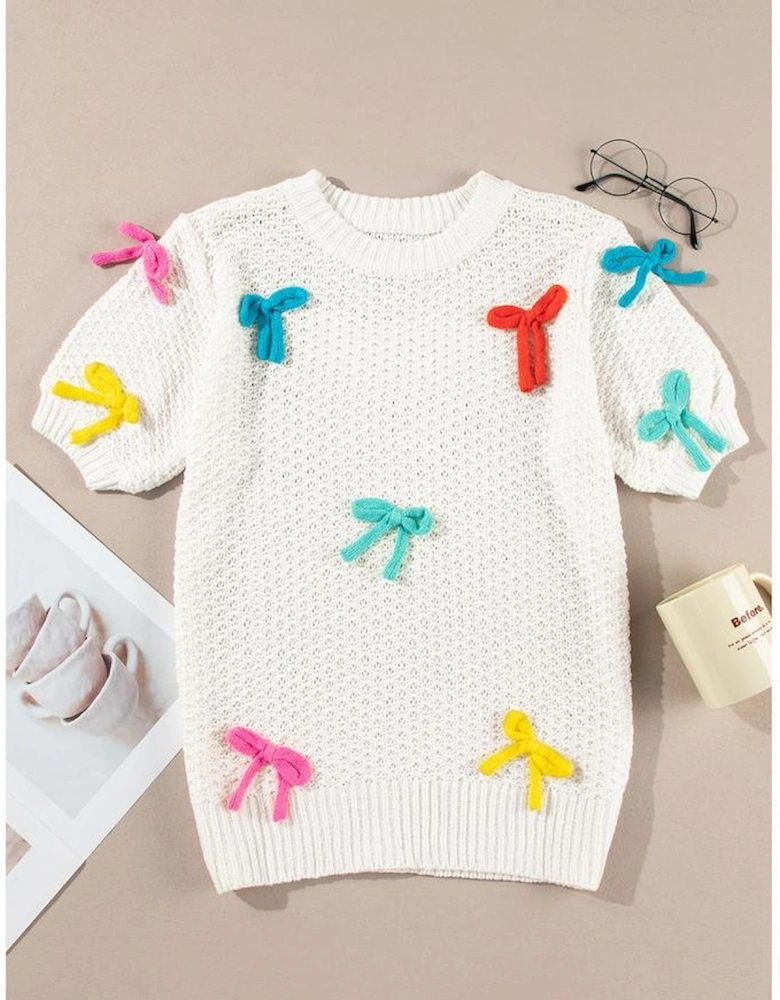 White Colorful Bow Knit Mock Neck Short Sleeve Sweater