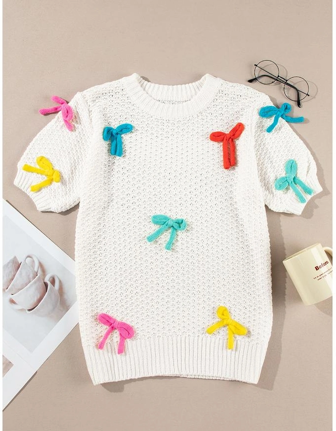 White Colorful Bow Knit Mock Neck Short Sleeve Sweater