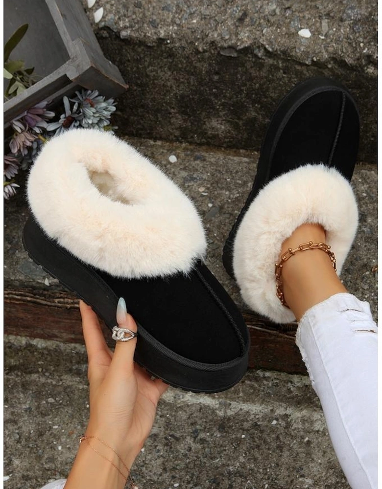 Black Plush Suede Trim Thick Sole Flat Snow Boots