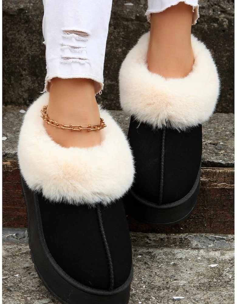 Black Plush Suede Trim Thick Sole Flat Snow Boots