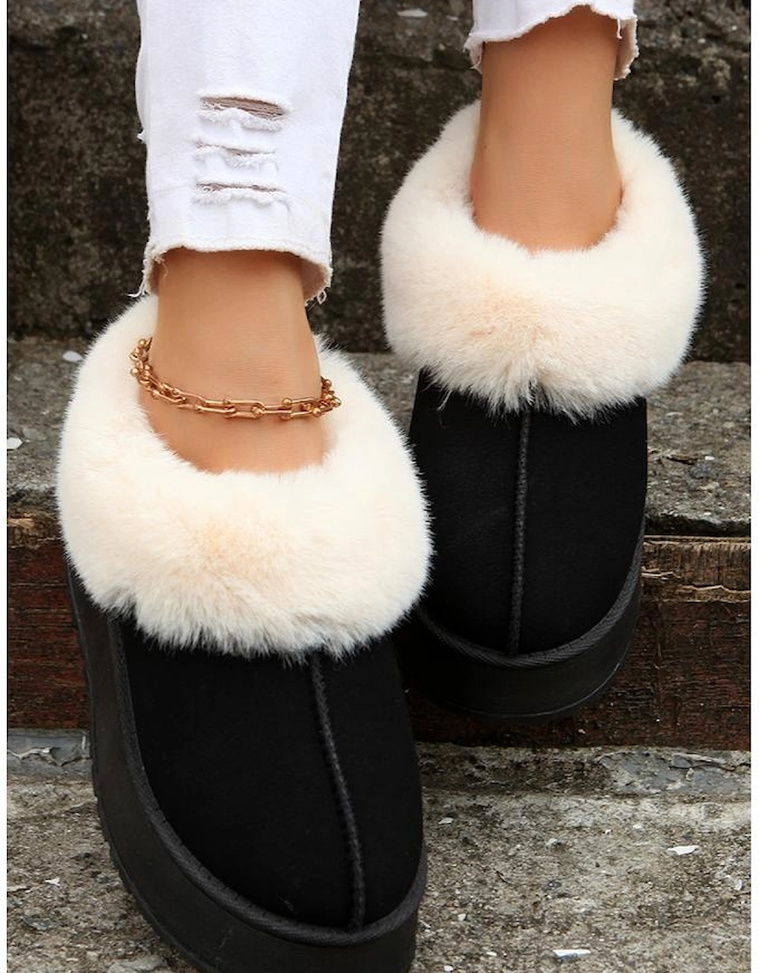 Black Plush Suede Trim Thick Sole Flat Snow Boots, 7 of 6