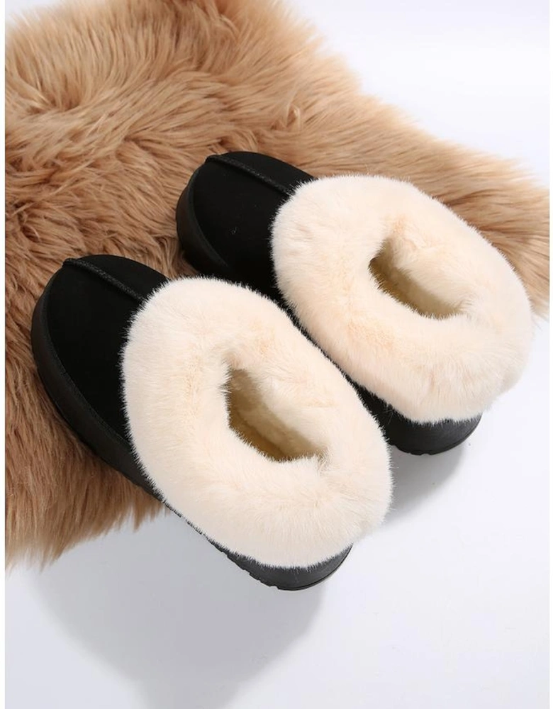 Black Plush Suede Trim Thick Sole Flat Snow Boots