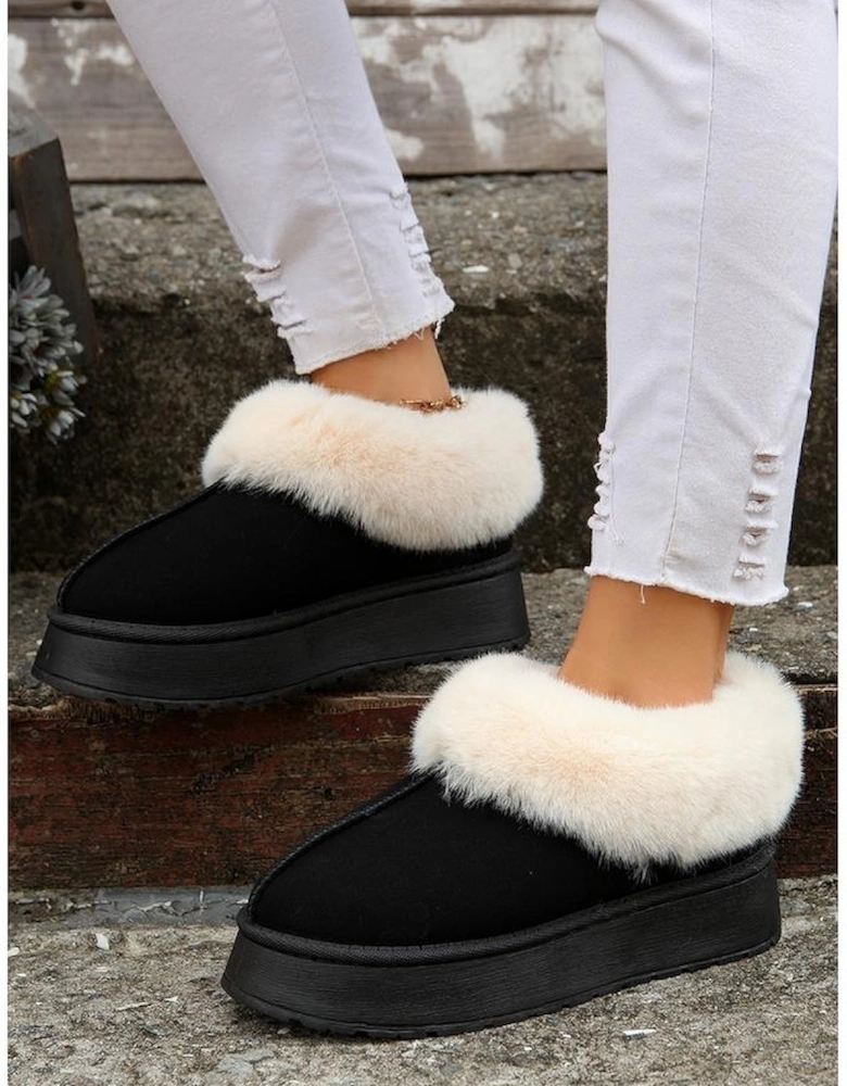 Black Plush Suede Trim Thick Sole Flat Snow Boots