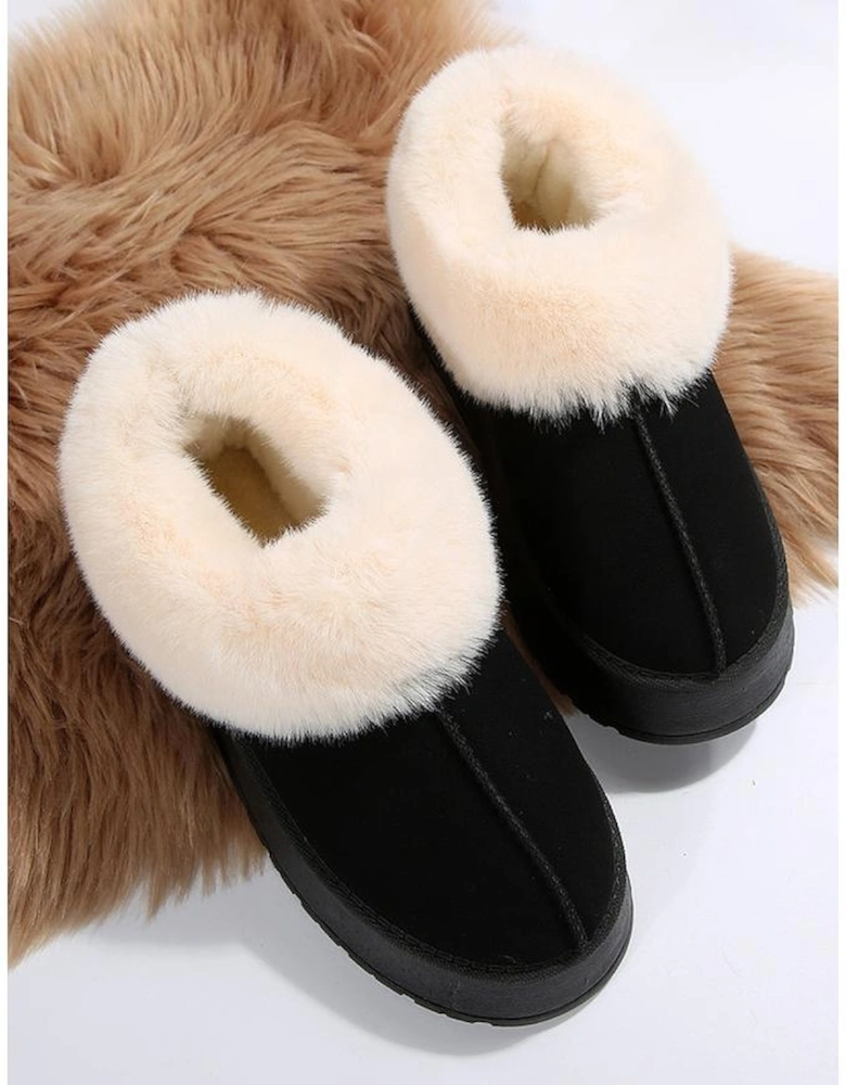 Black Plush Suede Trim Thick Sole Flat Snow Boots