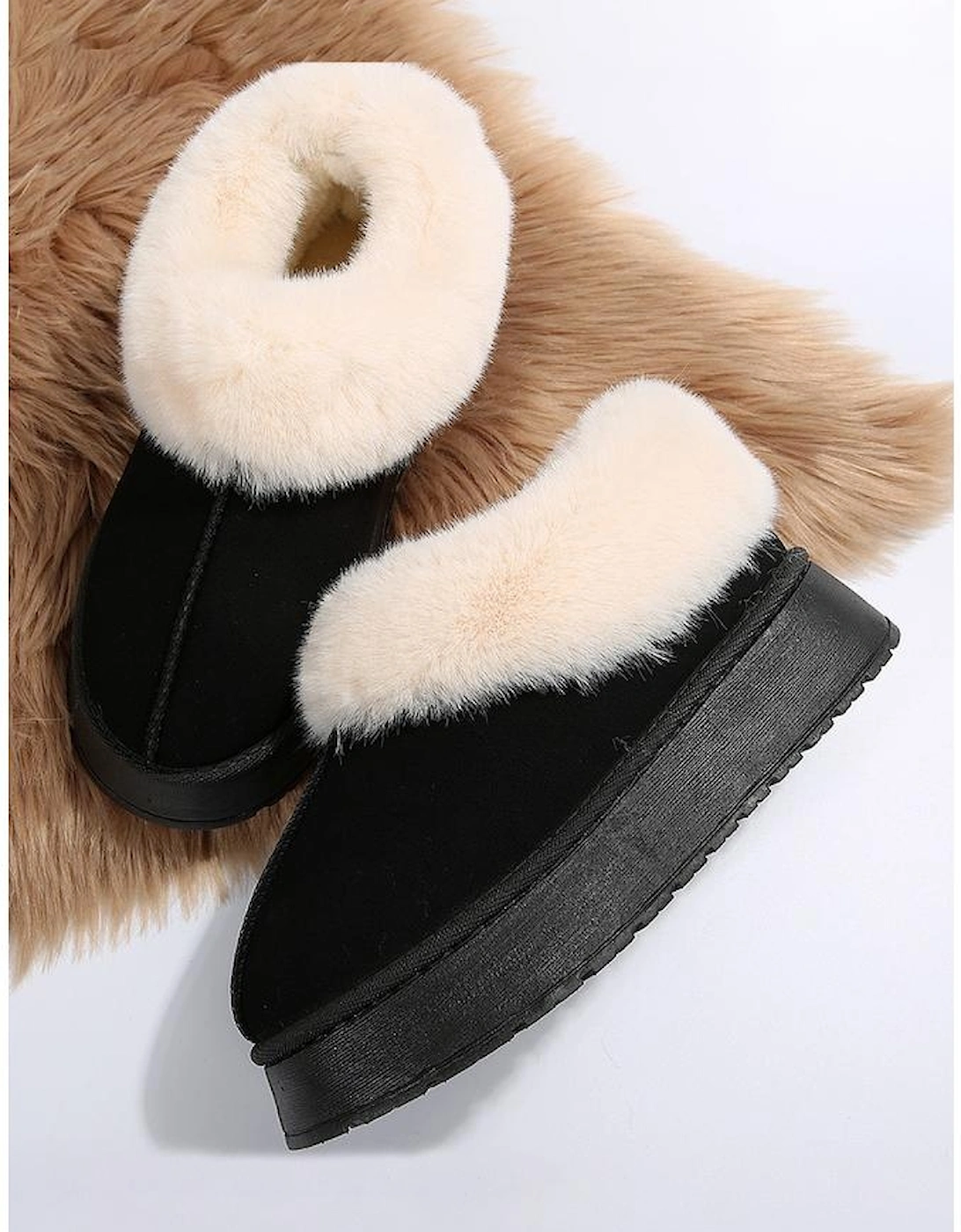 Black Plush Suede Trim Thick Sole Flat Snow Boots