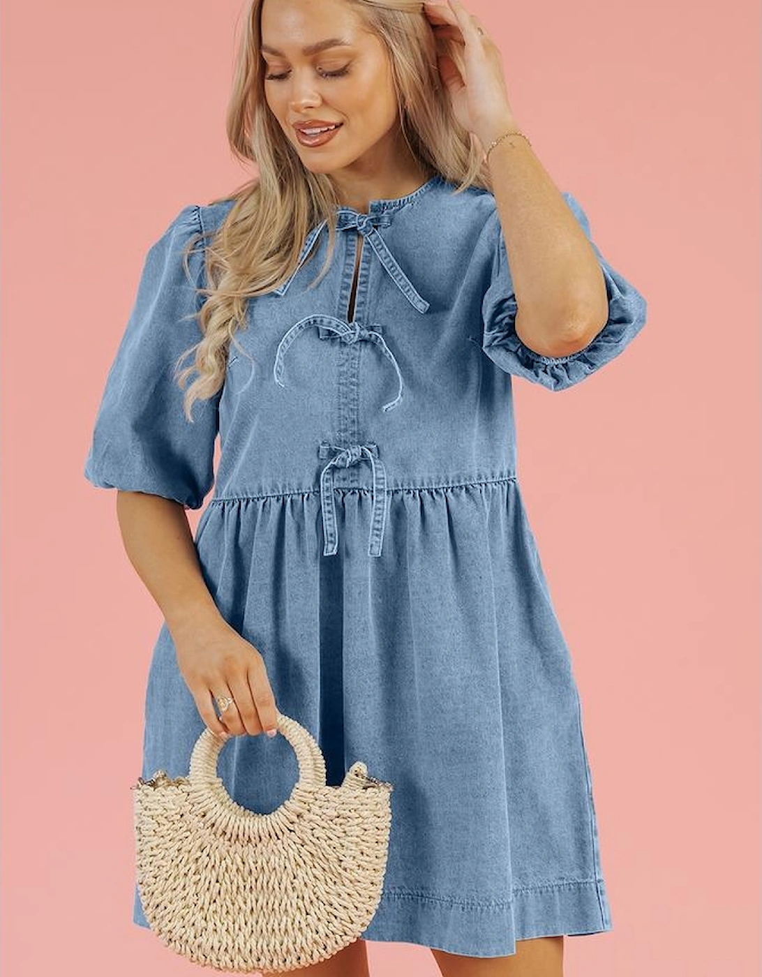 Dusk Blue Bowknot Bubble Sleeve Short Denim Dress
