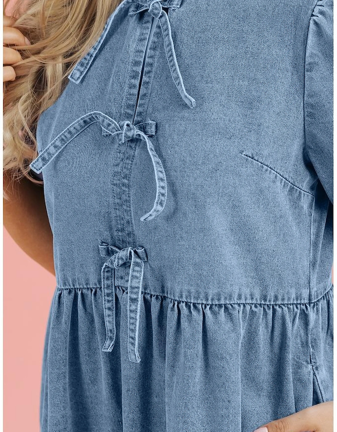 Dusk Blue Bowknot Bubble Sleeve Short Denim Dress, 13 of 12
